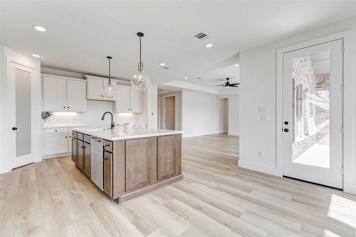Interior, Kitchen, Pendant Lights, Recessed Lighting, Wood Texture Flooring