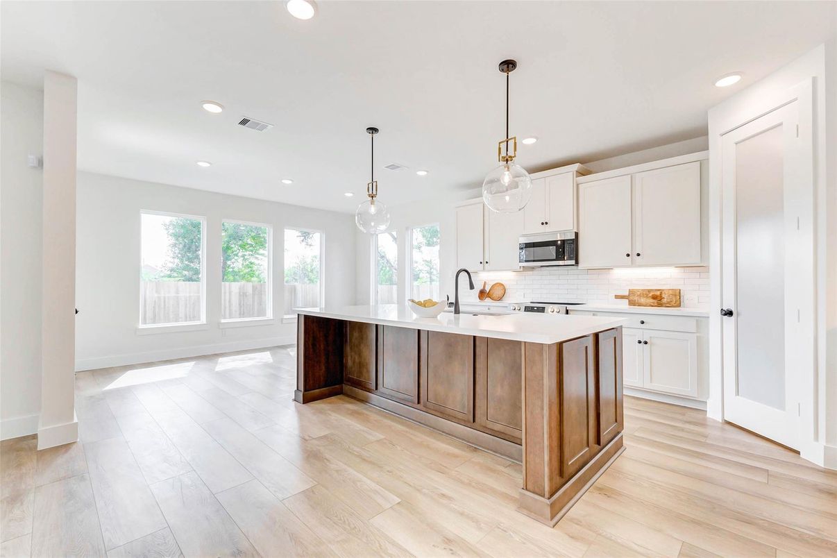 Interior, Kitchen, Pendant Lights, Recessed Lighting, Wood Texture Flooring