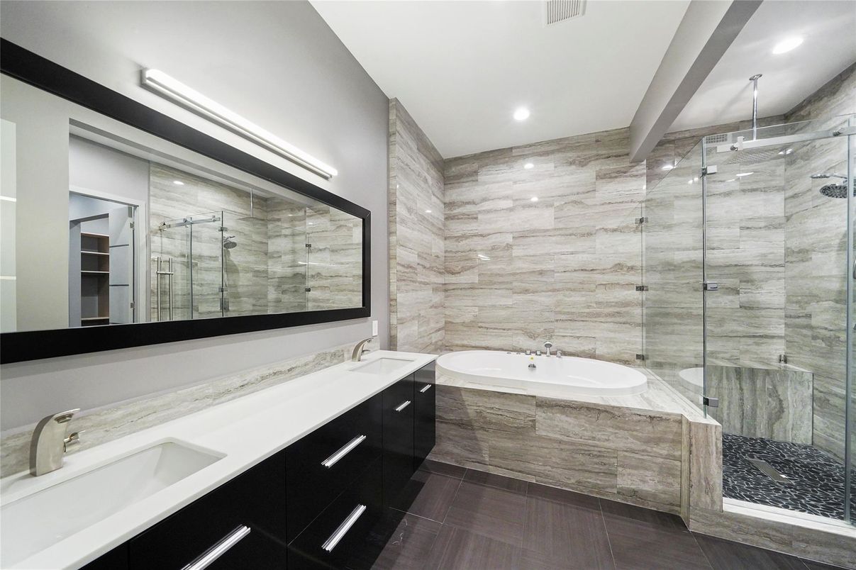 Bathroom, Dual Sink Vanities, Glass Shower, Interior, Recessed Lighting