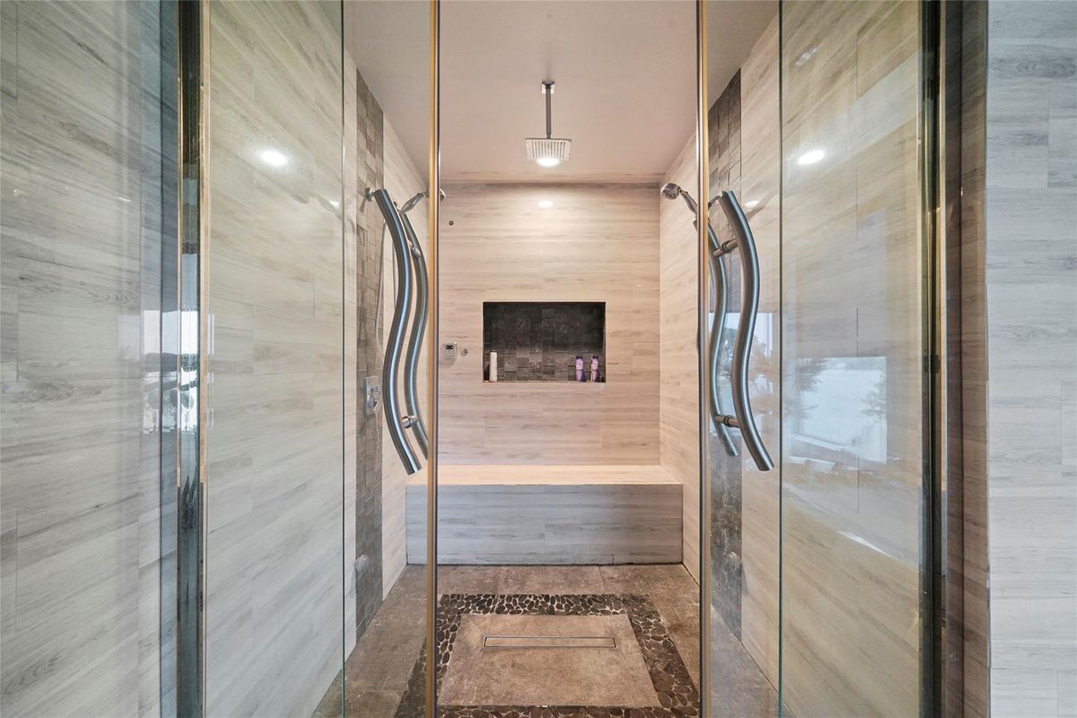 Bathroom, Fireplace, Glass Shower, Interior, Pendant Lights, Wooden Walls