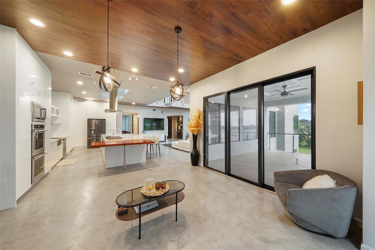 Interior, Kitchen, Pendant Lights, Recessed Lighting, Stainless Steel Appliances, Wooden Ceilings