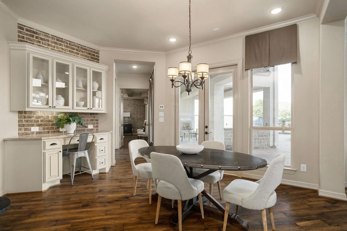 Chandelier, Dining room, Interior, Recessed Lighting, Stone Walls, Wood Texture Flooring