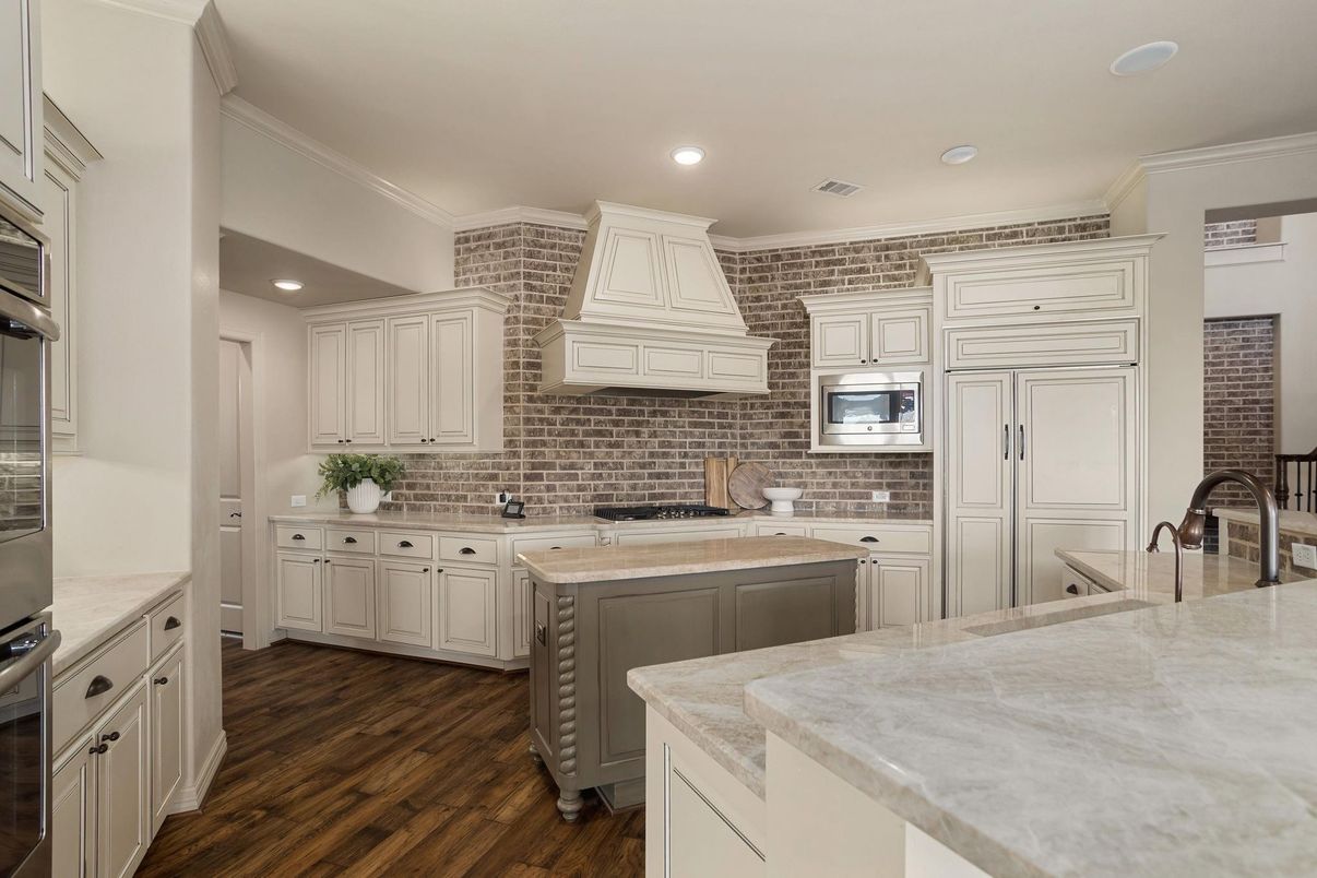 Interior, Kitchen, Recessed Lighting, Stainless Steel Appliances, Stone Walls, Wood Texture Flooring