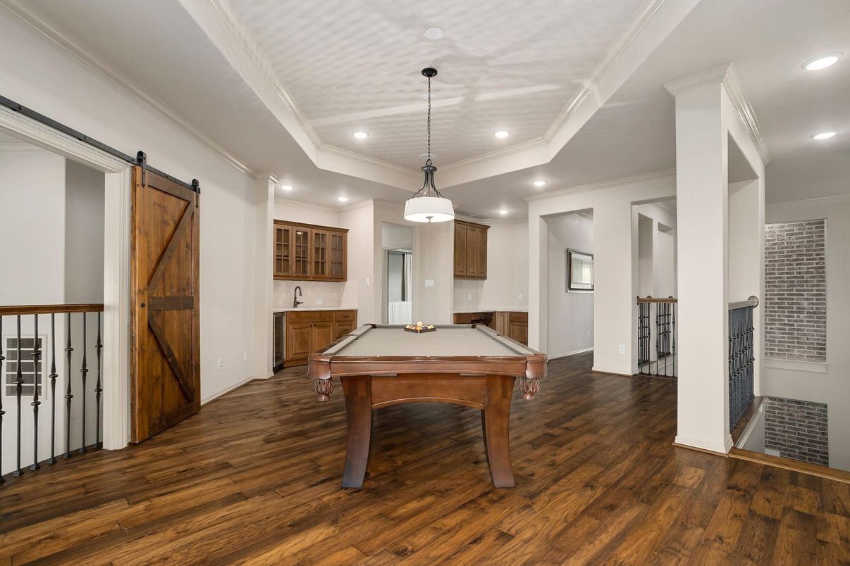 Billiard Table, Game Room, Interior, Pendant Lights, Recessed Lighting, Wood Texture Flooring
