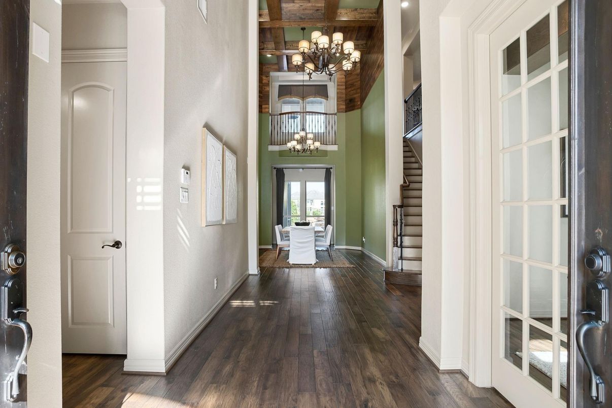 Chandelier, Dining room, Interior, Recessed Lighting, Wooden Beams, Wood Texture Flooring