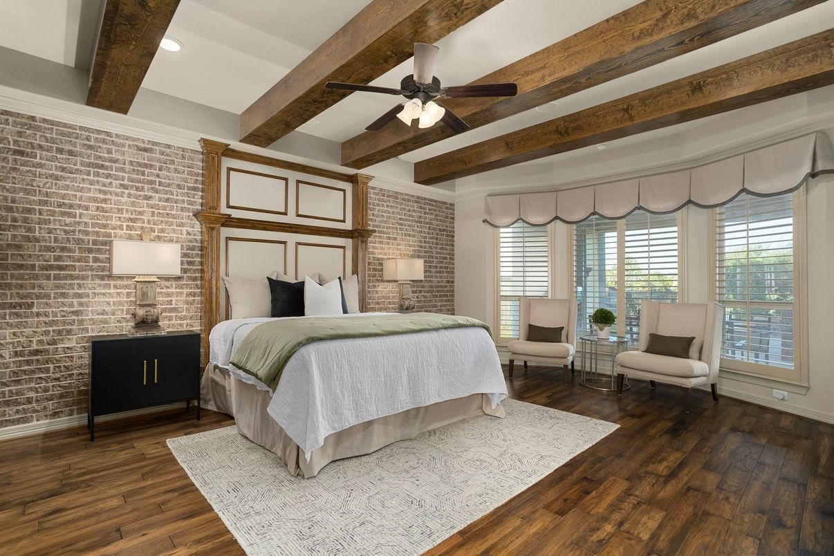 Bedroom, Interior, Recessed Lighting, Stone Walls, Wooden Beams, Wood Texture Flooring