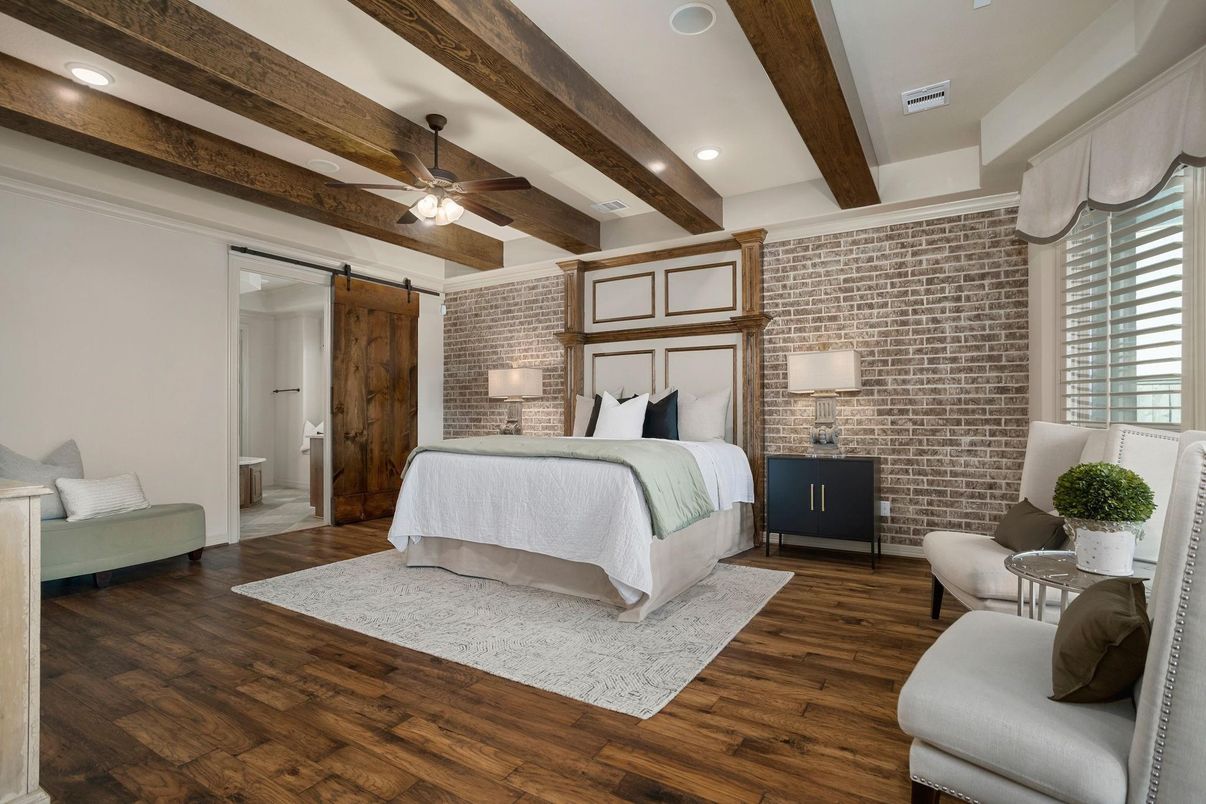 Bedroom, Interior, Recessed Lighting, Stone Walls, Wooden Beams, Wood Texture Flooring