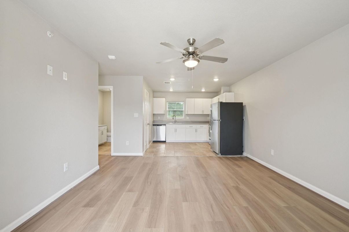 Empty room, Interior, Kitchen, Recessed Lighting, Wood Texture Flooring