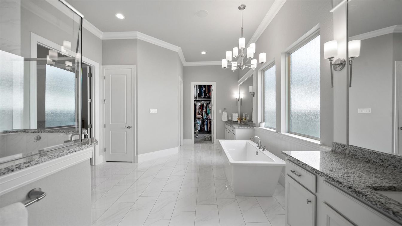 Bathroom, Chandelier, Dual Sink Vanities, Free Standing Baths, Interior, Marble, Recessed Lighting