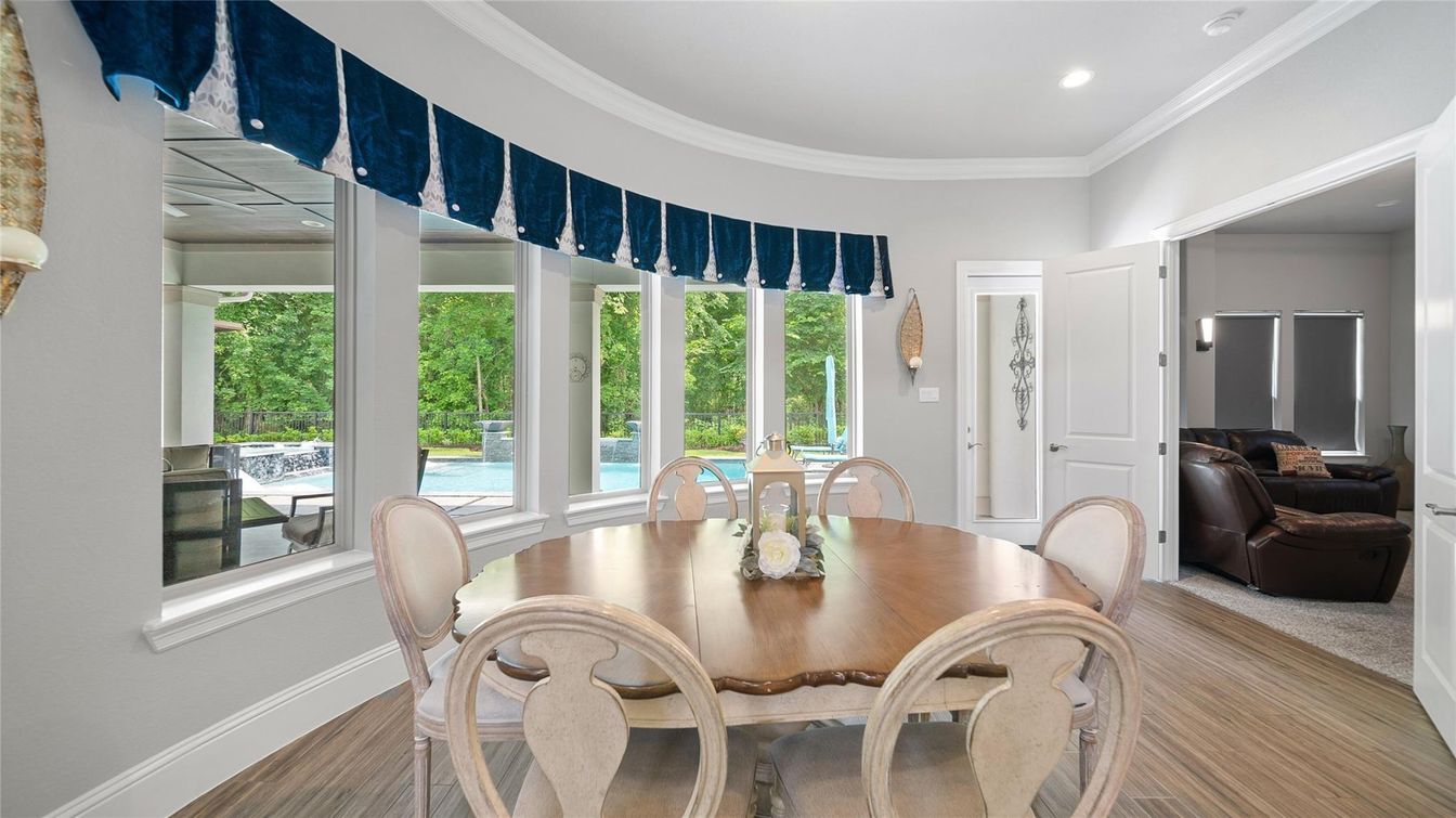 Dining room, Interior, Recessed Lighting, Wood Texture Flooring