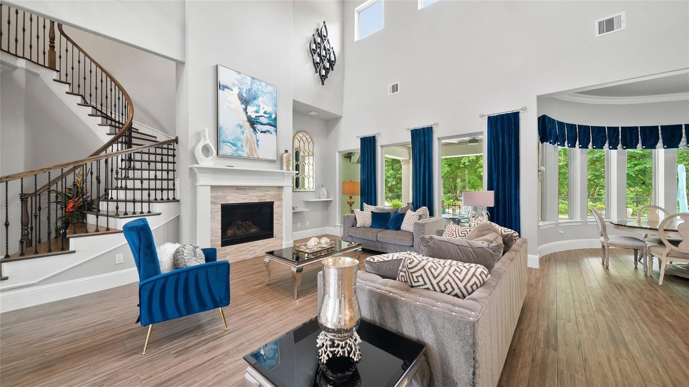 Dining room, Fireplace, Interior, Living room, Wood Texture Flooring