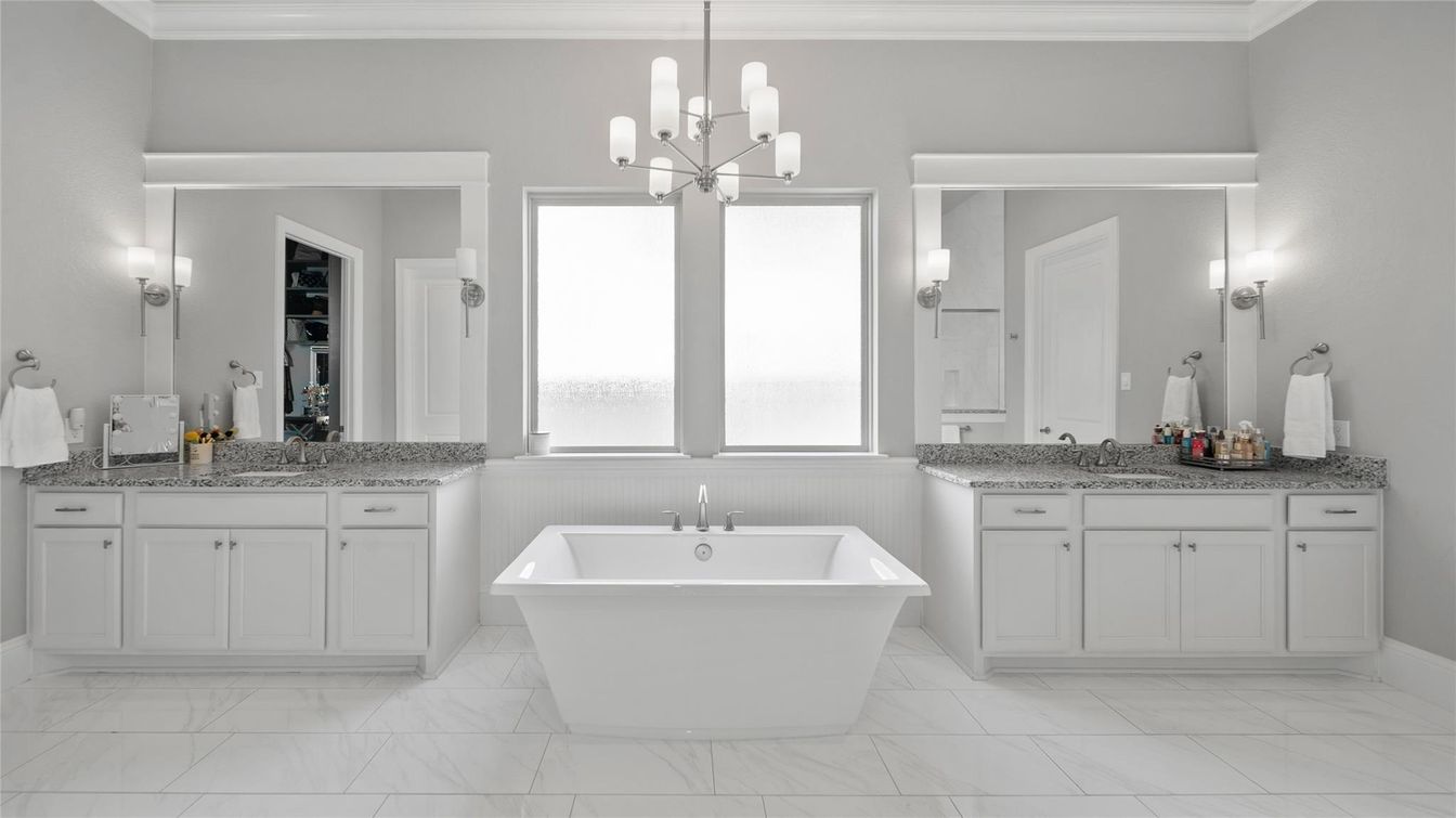 Bathroom, Chandelier, Dual Sink Vanities, Free Standing Baths, Interior, Marble, Pendant Lights