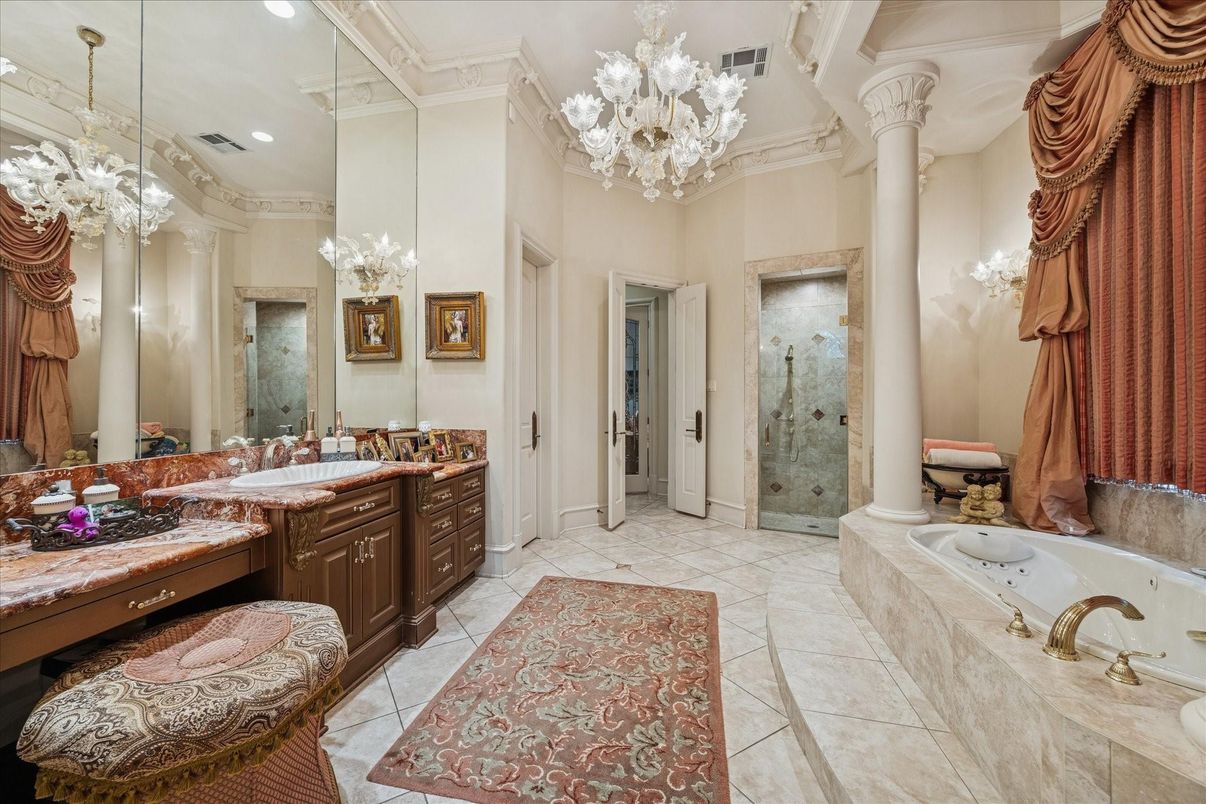 Bathroom, Chandelier, Dual Sink Vanities, Interior, Recessed Lighting