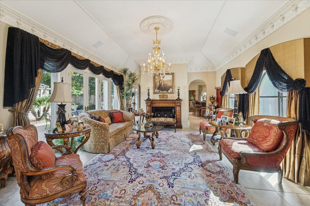 Chandelier, Fireplace, Interior, Living room