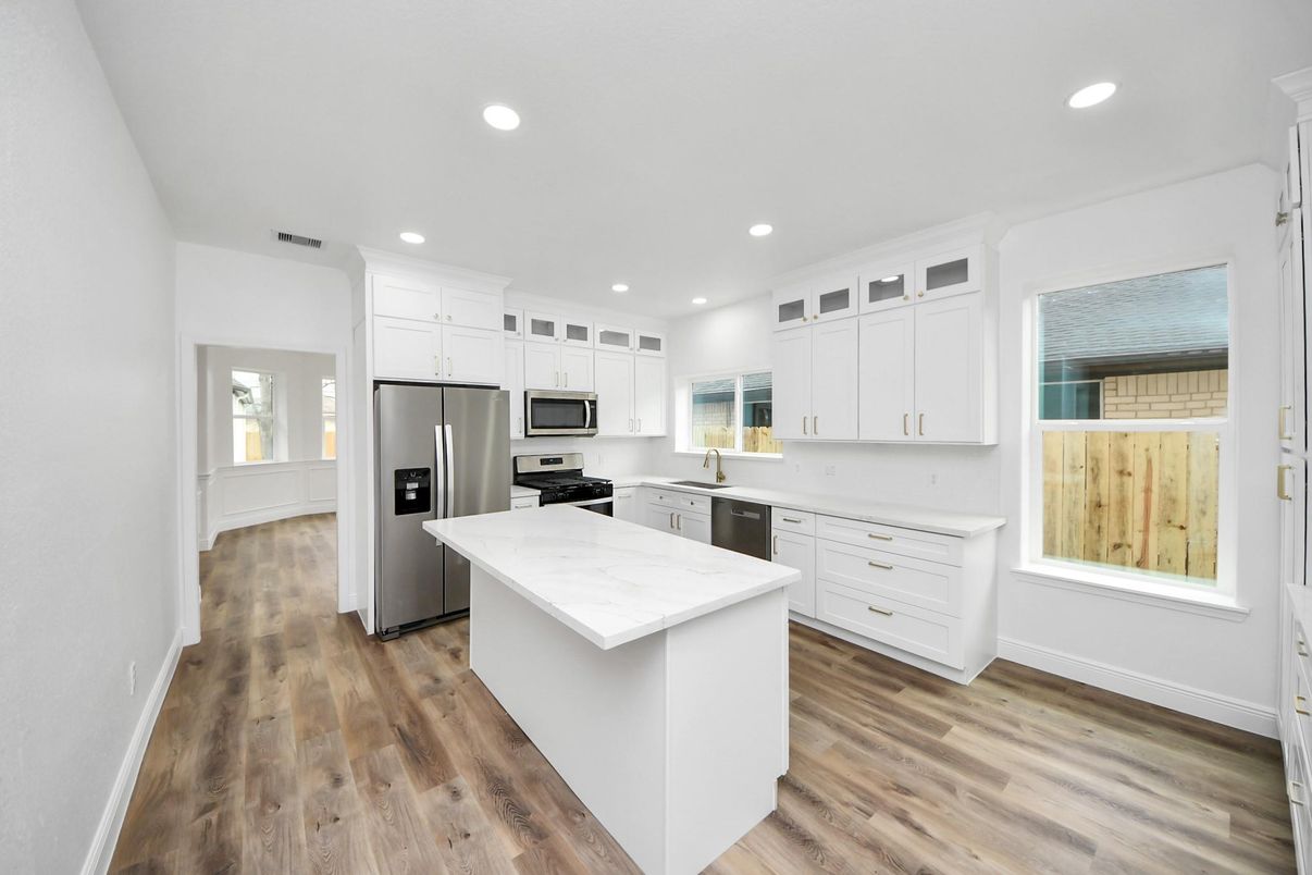 Interior, Kitchen, Recessed Lighting, Stainless Steel Appliances, Wood Texture Flooring