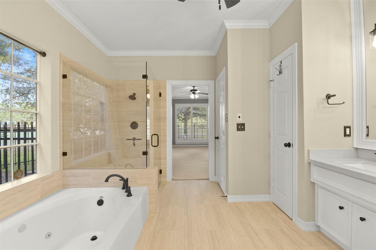 Bathroom, Glass Shower, Interior, Wood Texture Flooring