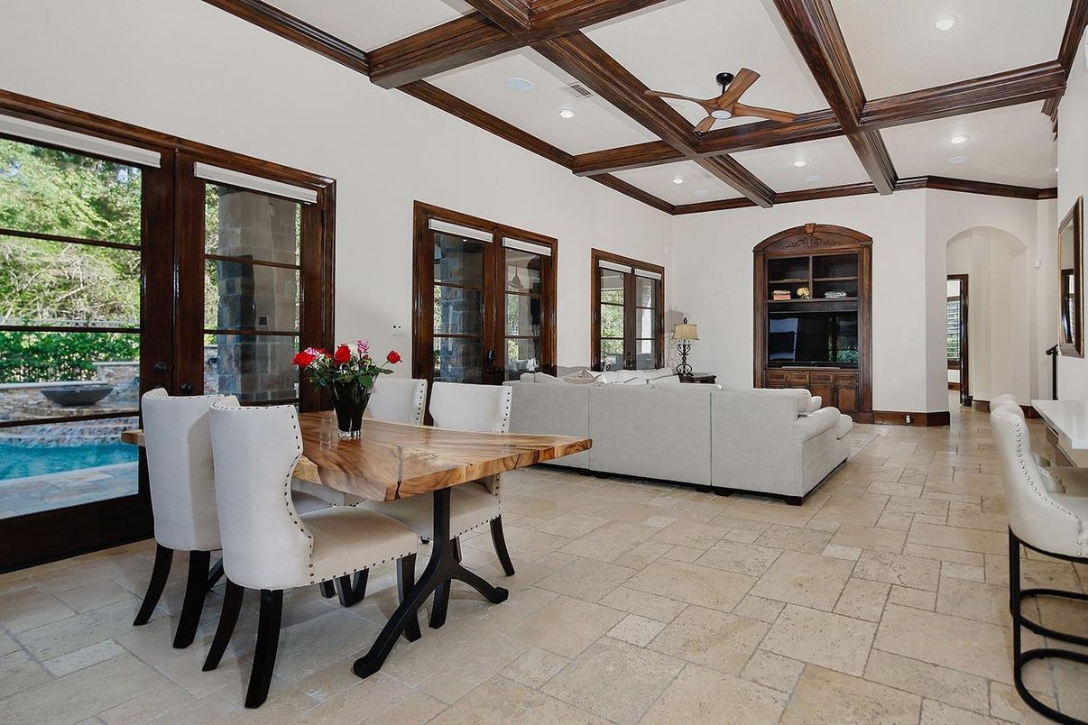 Dining room, Interior, Living room, Recessed Lighting, Wooden Beams