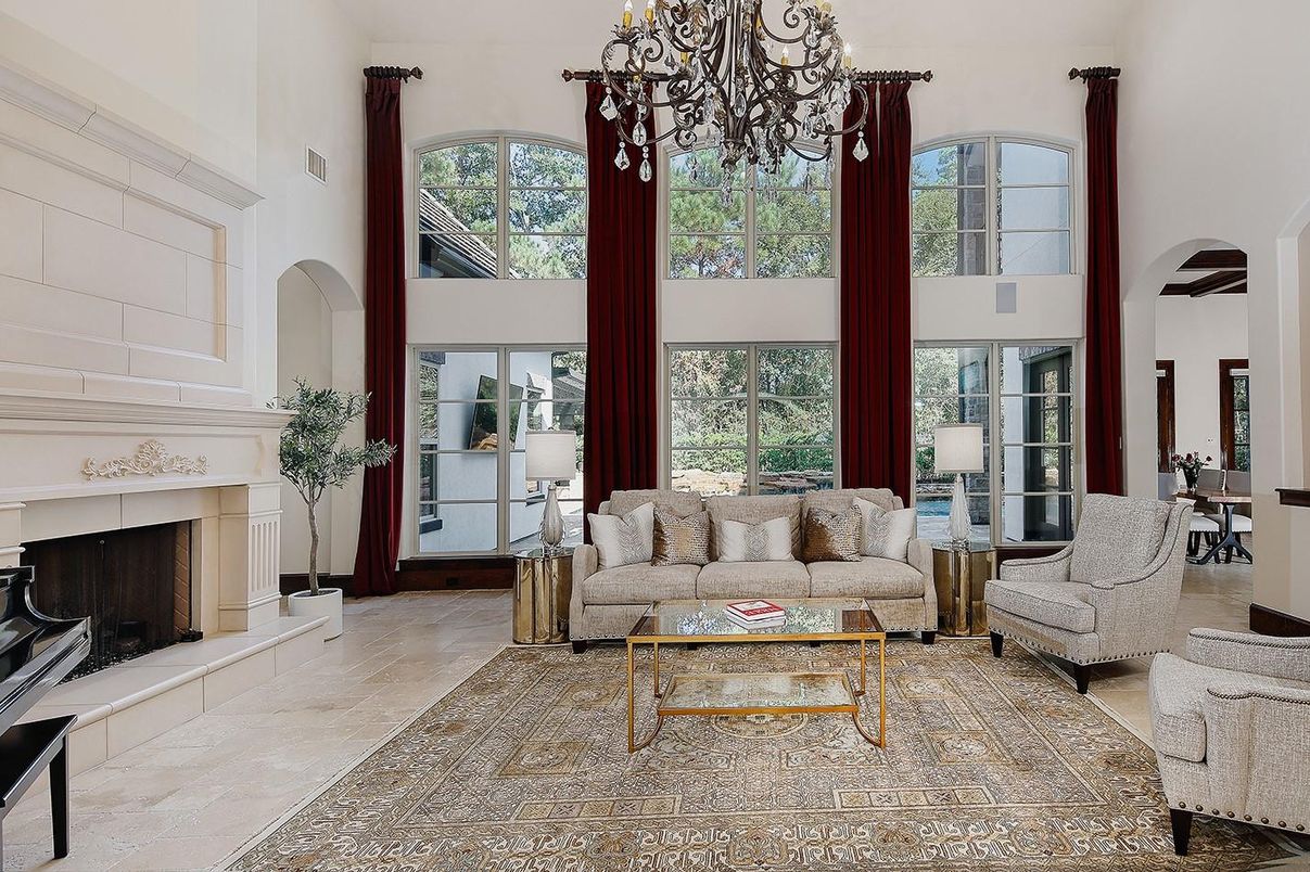 Chandelier, Fireplace, Interior, Living room