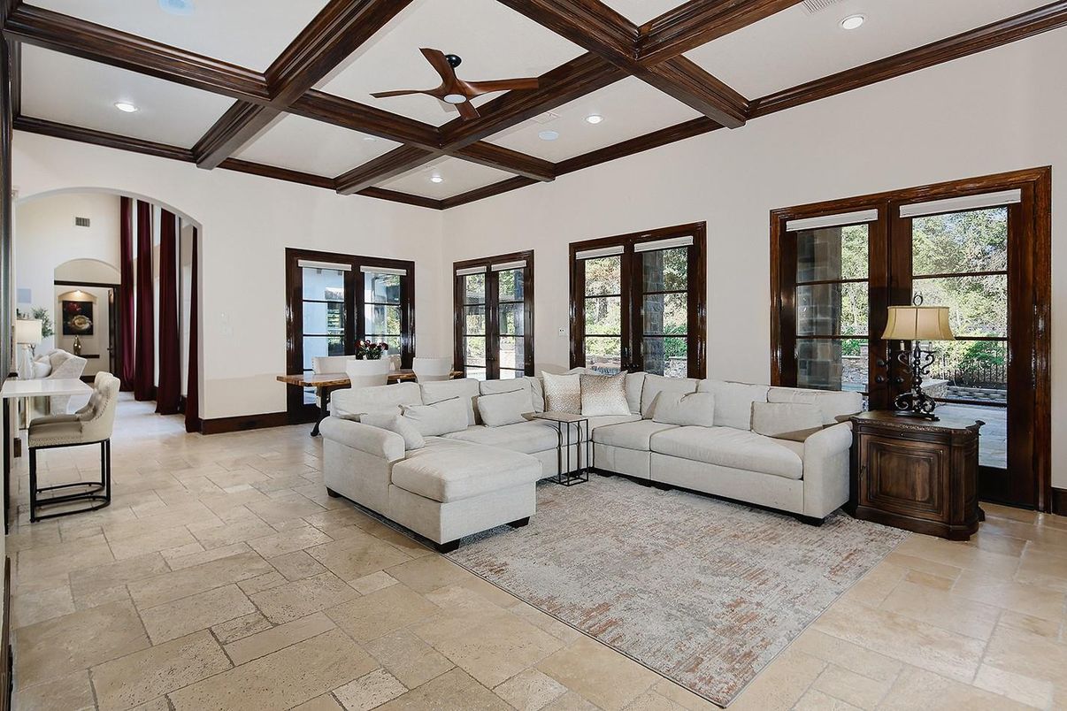 Interior, Living room, Recessed Lighting, Wooden Beams