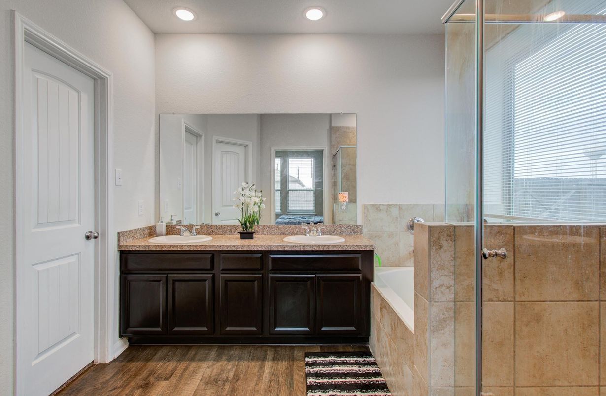 Bathroom, Dual Sink Vanities, Glass Shower, Interior, Recessed Lighting, Wood Texture Flooring