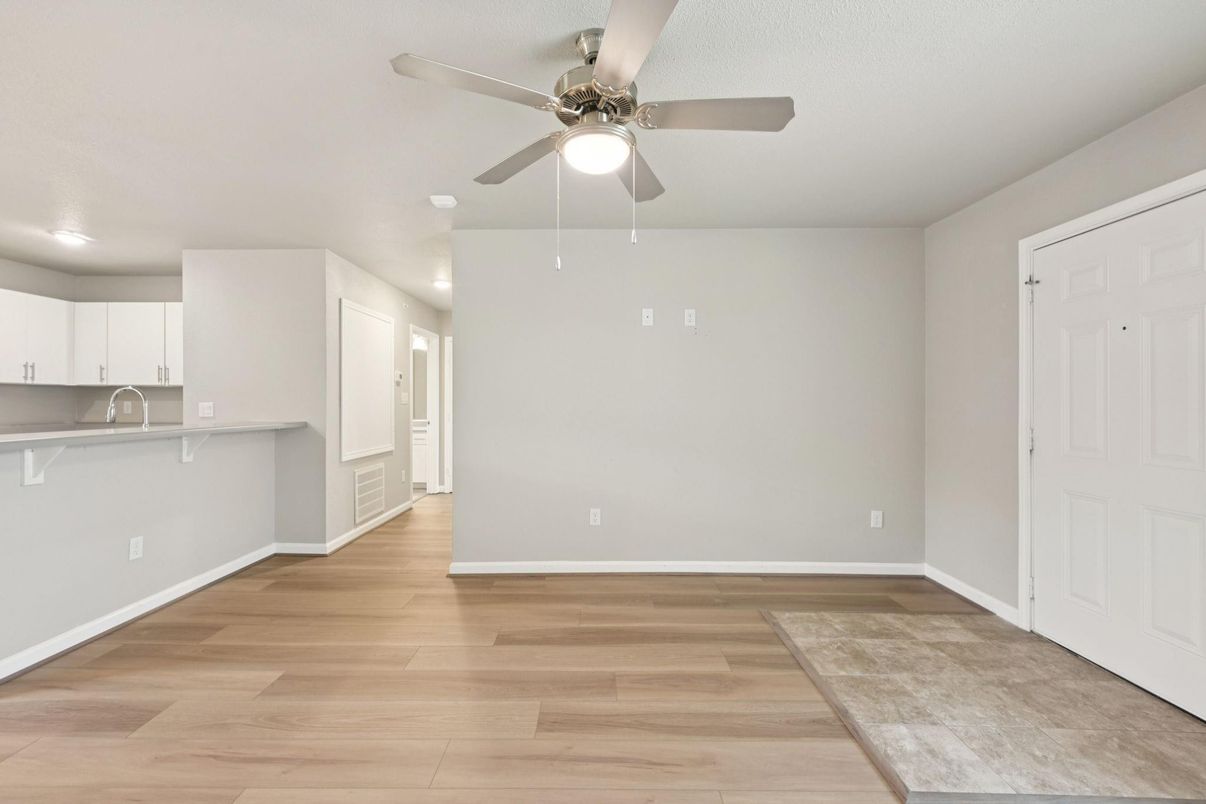 Empty room, Interior, Kitchen, Recessed Lighting, Wood Texture Flooring