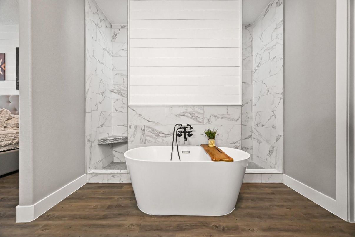 Bathroom, Free Standing Baths, Interior, Marble Walls, Wood Texture Flooring