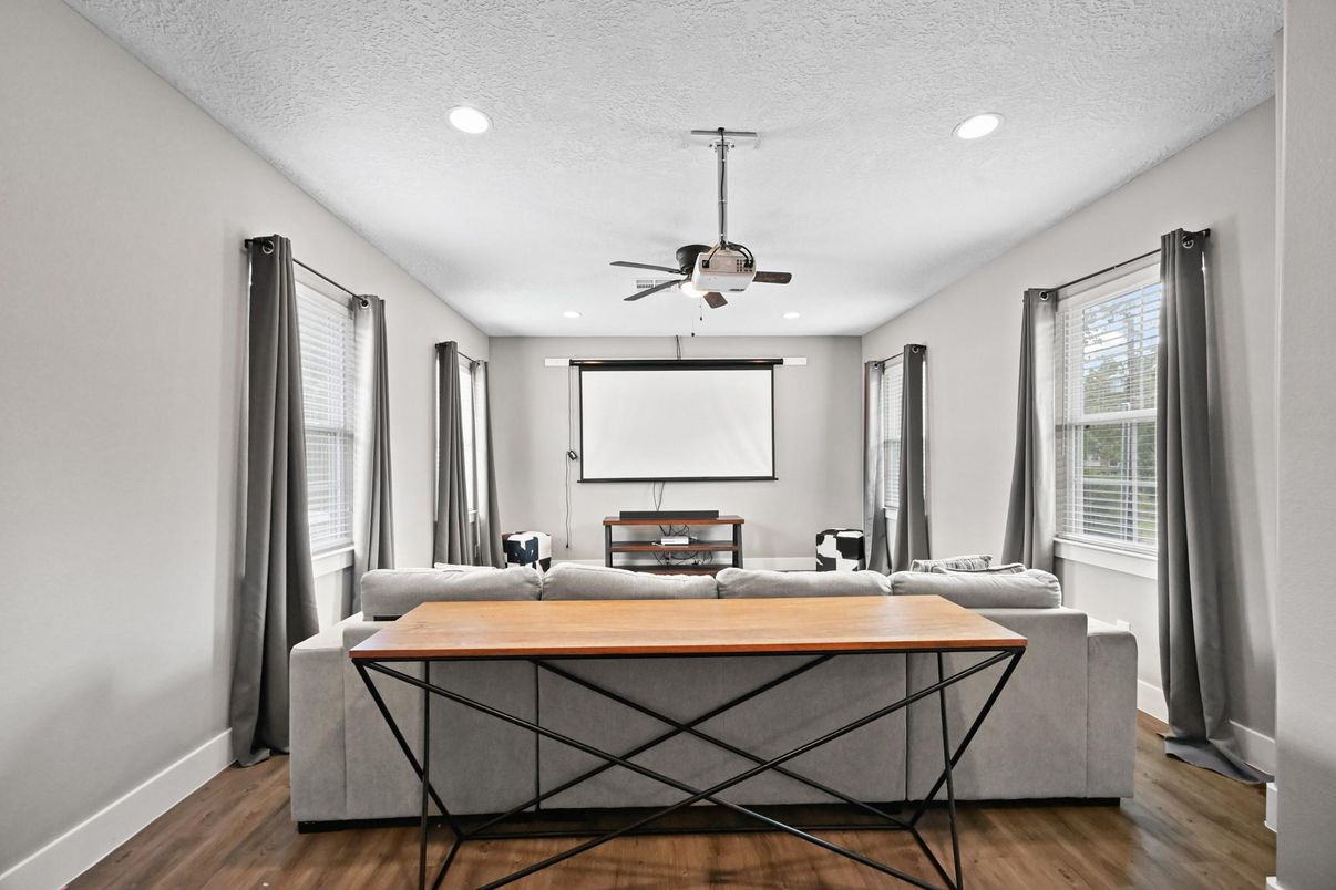 Interior, Living room, Projection Screen, Recessed Lighting, Wood Texture Flooring