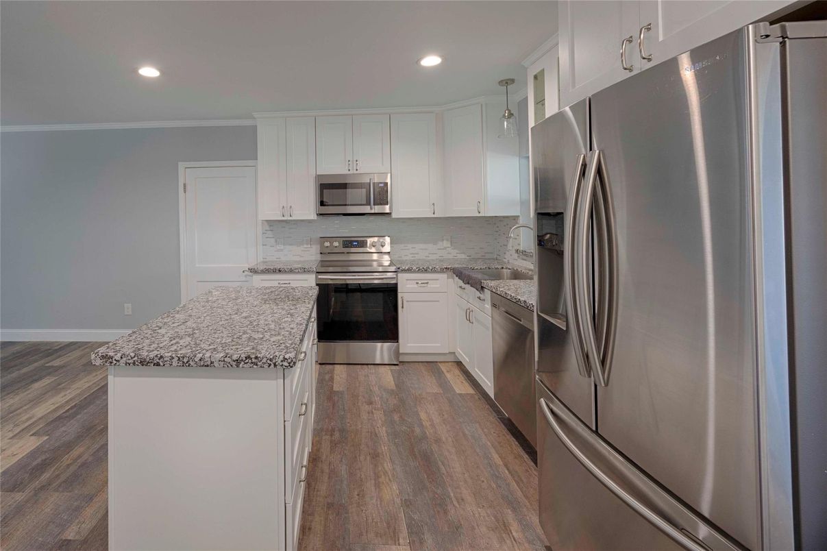 Interior, Kitchen, Recessed Lighting, Stainless Steel Appliances, Wood Texture Flooring