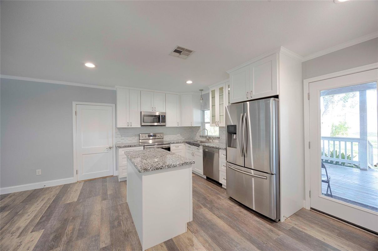 Interior, Kitchen, Recessed Lighting, Stainless Steel Appliances, Wood Texture Flooring