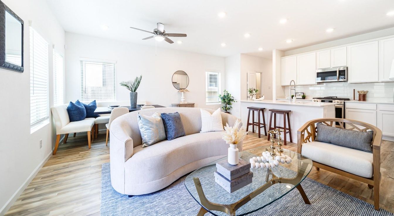 Dining room, Interior, Kitchen, Living room, Recessed Lighting, Stainless Steel Appliances, Wood Texture Flooring