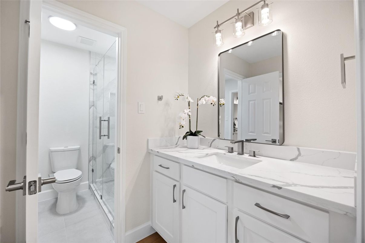 Bathroom, Dual Sink Vanities, Glass Shower, Interior, Recessed Lighting