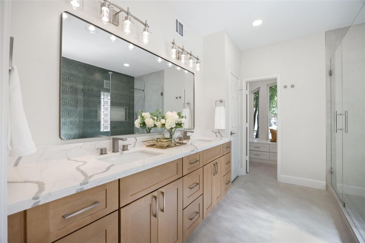 Bathroom, Dual Sink Vanities, Glass Shower, Interior, Recessed Lighting