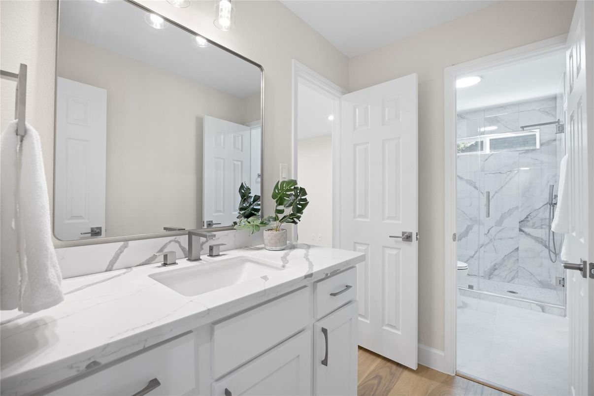 Bathroom, Glass Shower, Interior, Marble Walls, Wood Texture Flooring