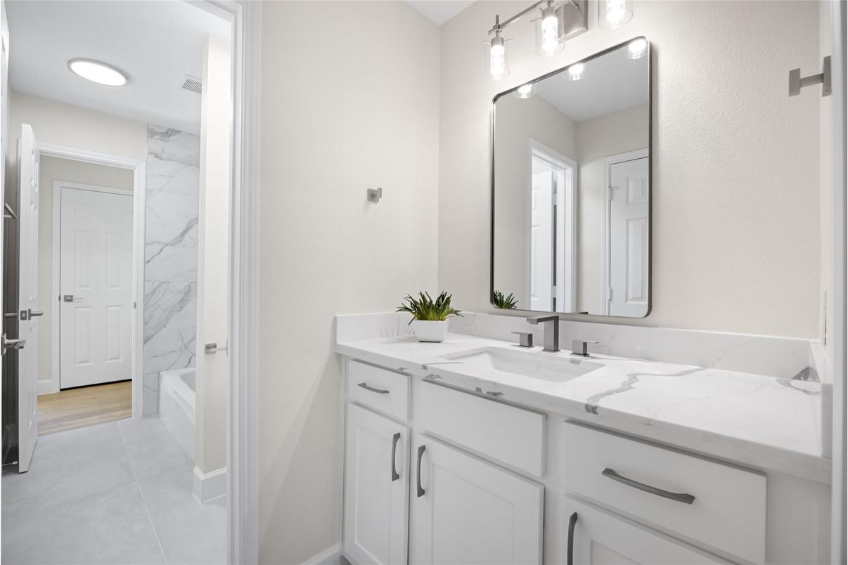 Bathroom, Dual Sink Vanities, Interior, Marble Walls, Recessed Lighting