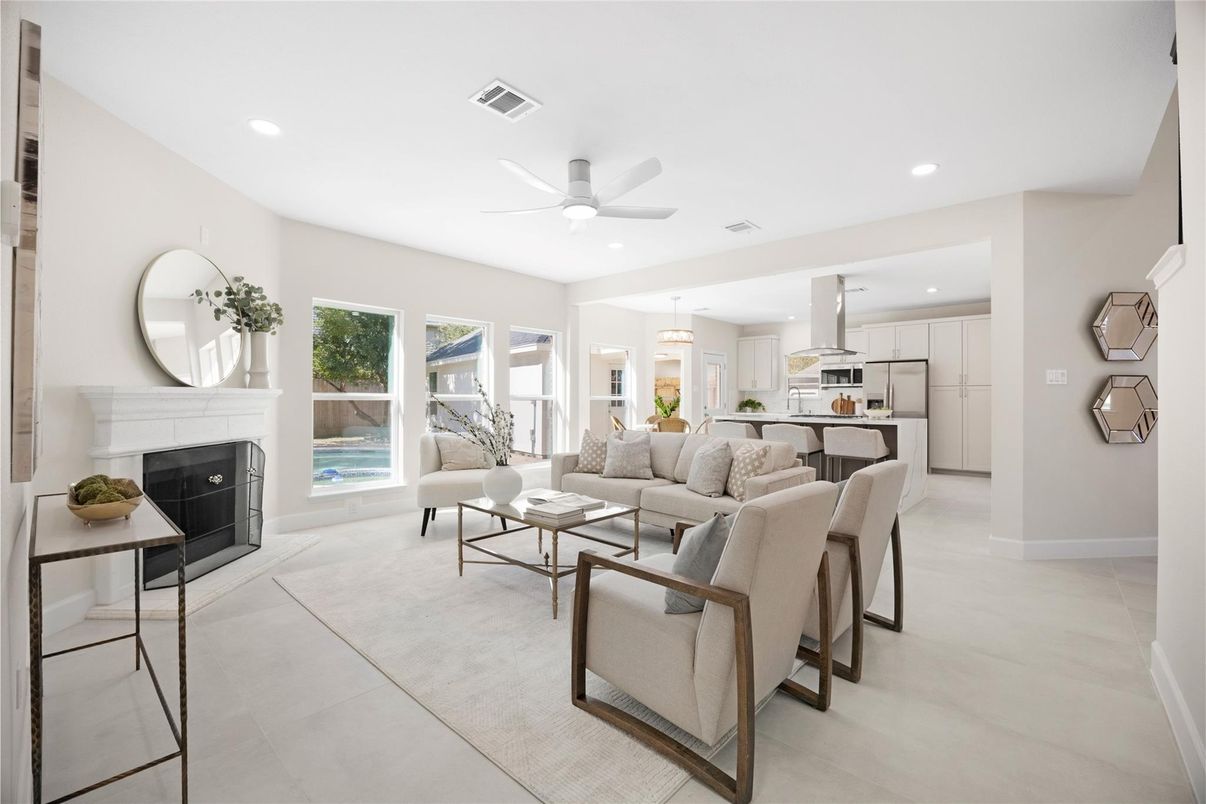 Fireplace, Interior, Kitchen, Living room, Pendant Lights, Recessed Lighting