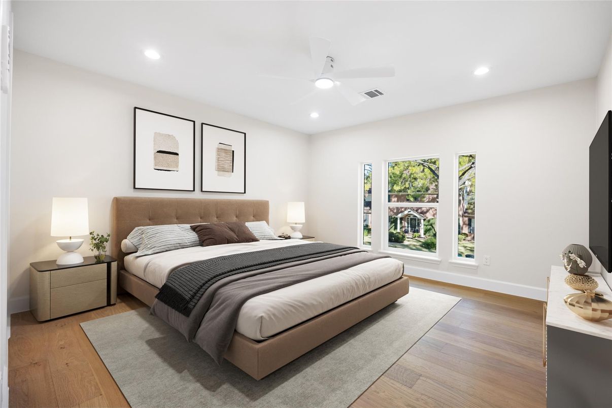 Bedroom, Interior, Recessed Lighting, Wood Texture Flooring