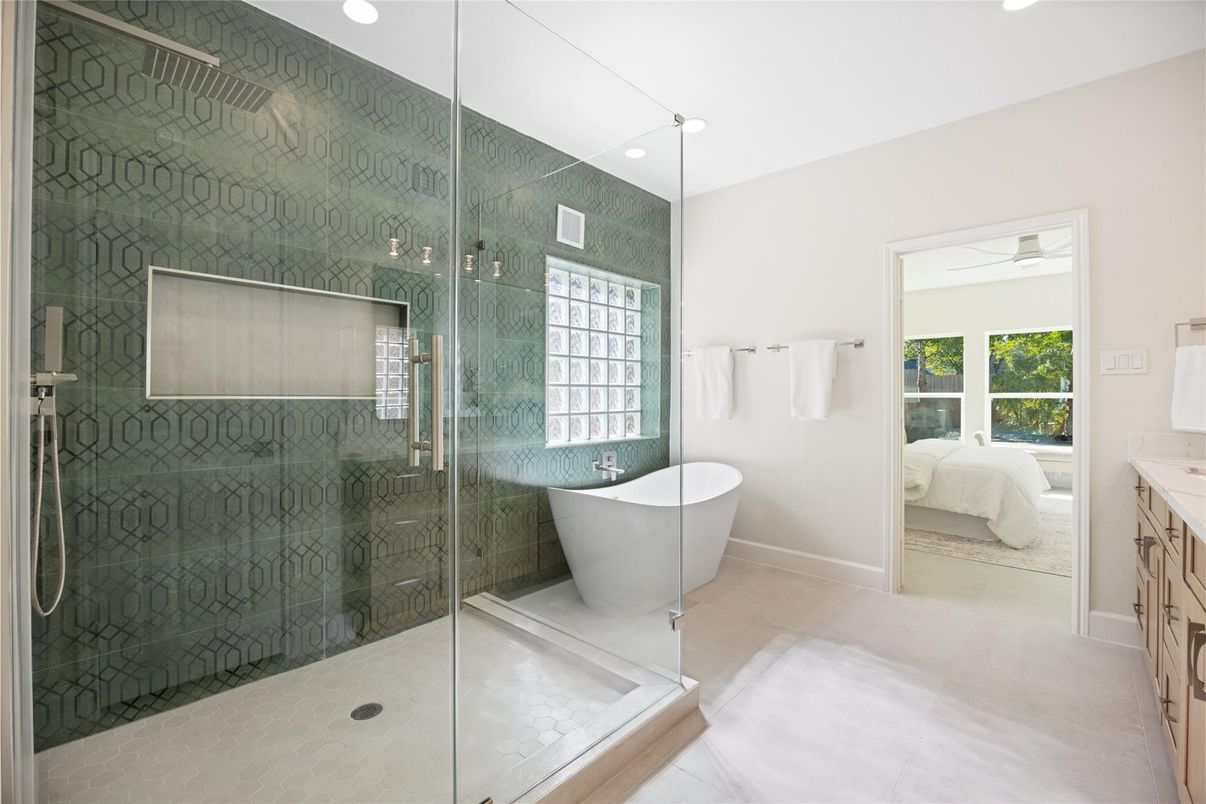 Bathroom, Free Standing Baths, Glass Shower, Interior, Recessed Lighting