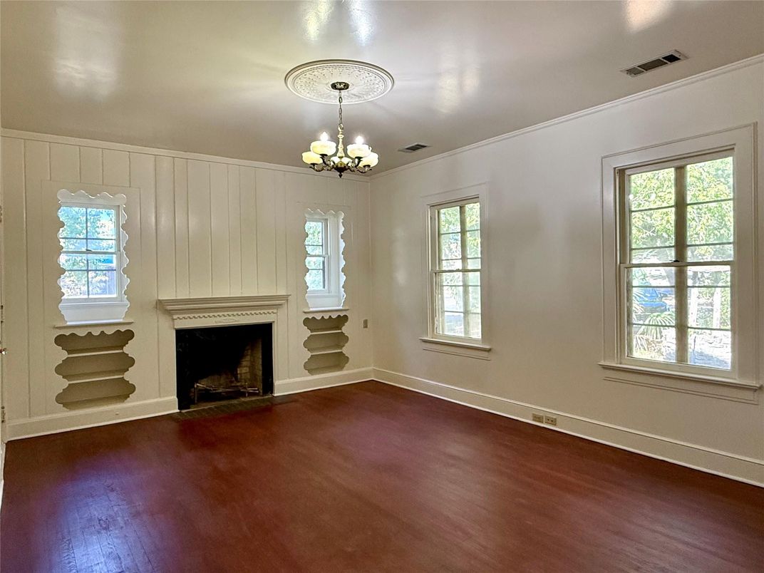 Chandelier, Empty room, Fireplace, Interior, Wood Texture Flooring