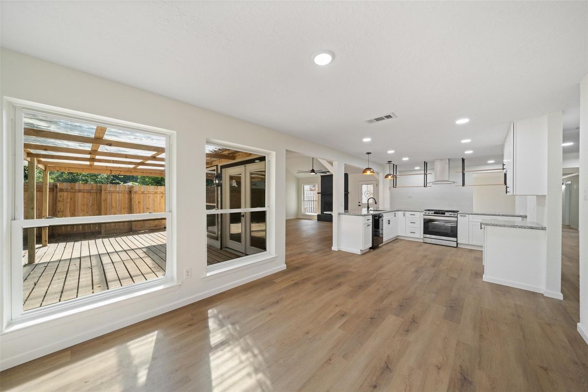 Interior, Kitchen, Pendant Lights, Recessed Lighting, Stainless Steel Appliances, Wood Texture Flooring