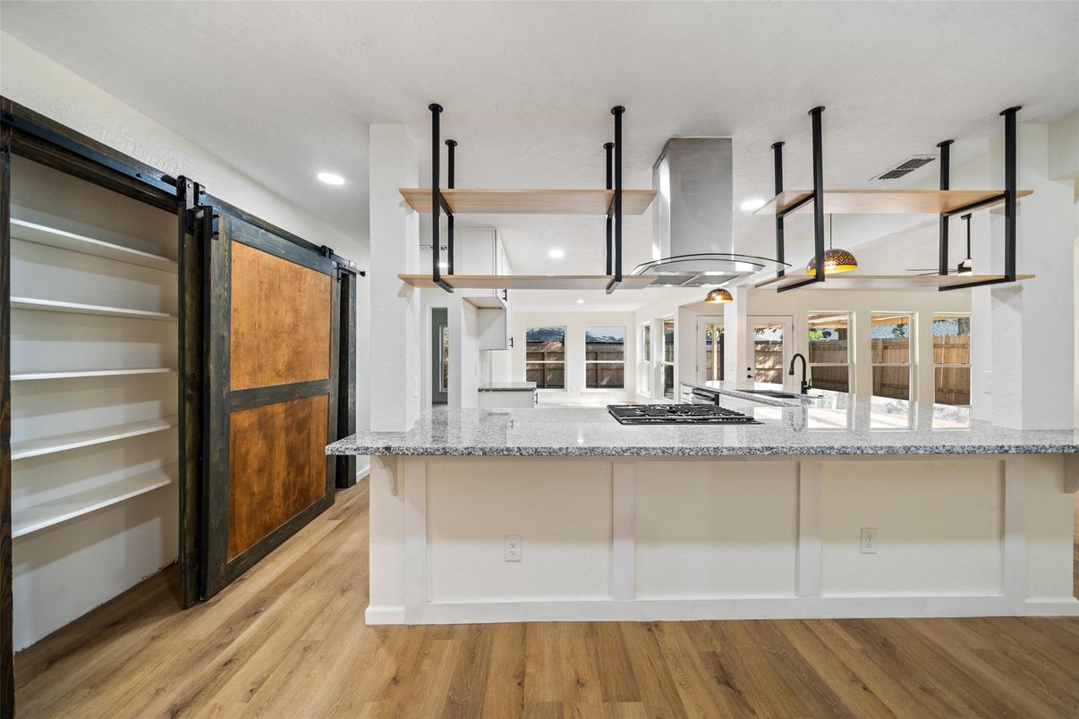 Interior, Kitchen, Pendant Lights, Recessed Lighting, Wood Texture Flooring