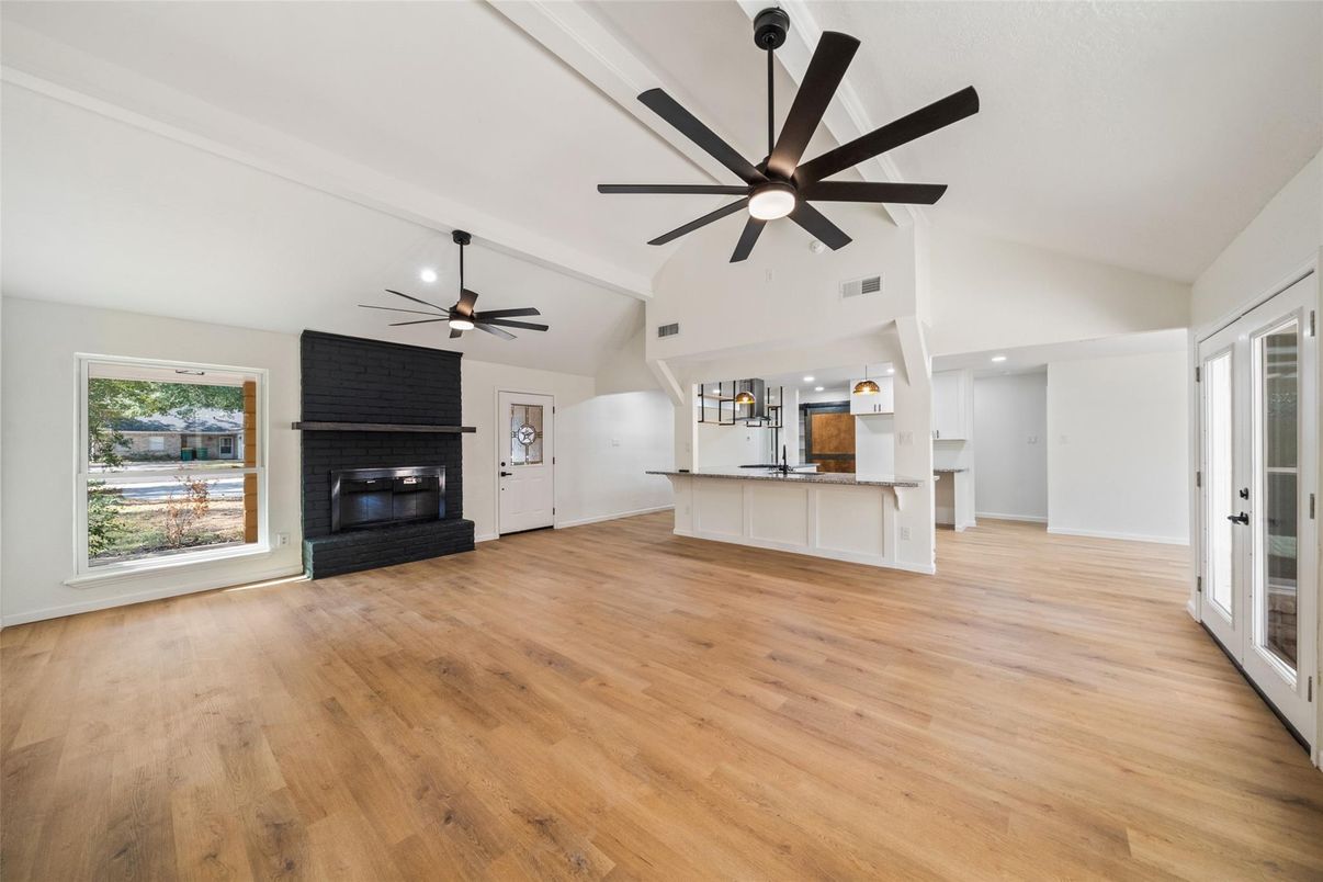 Empty room, Fireplace, Interior, Recessed Lighting, Wood Texture Flooring