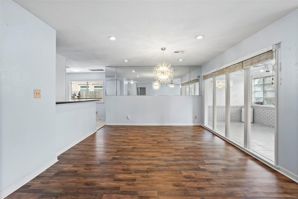 Chandelier, Empty room, Interior, Recessed Lighting, Wood Texture Flooring