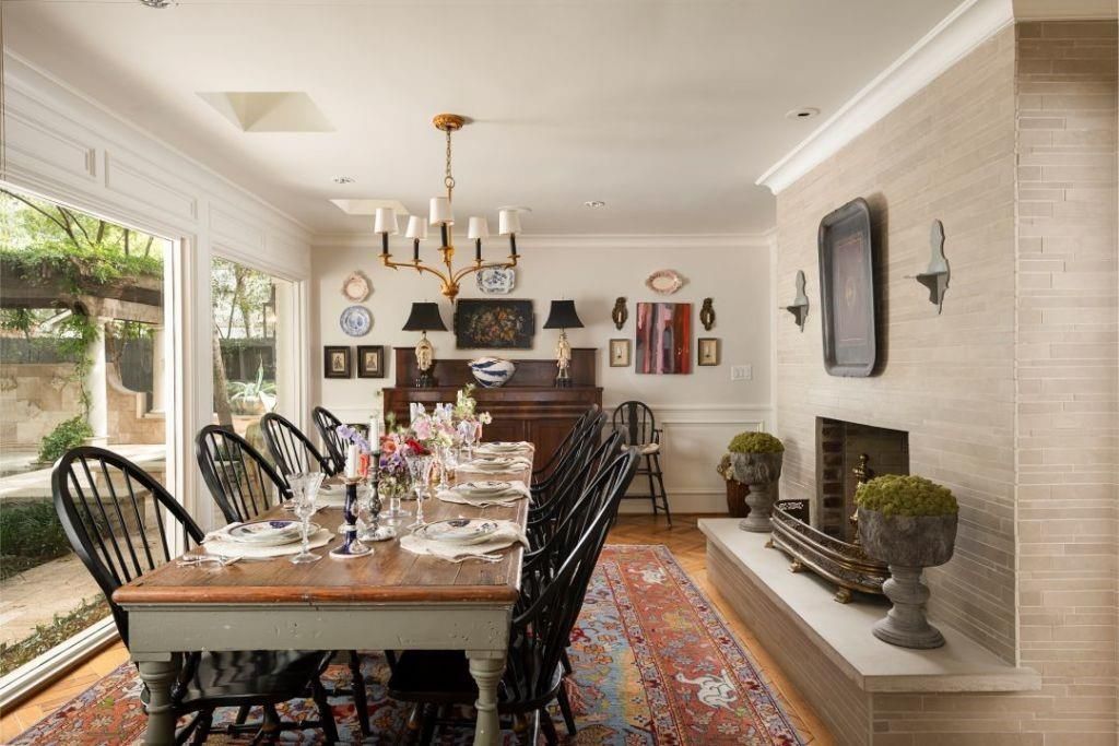 Chandelier, Dining room, Fireplace, Interior, Recessed Lighting, Stone Walls, Wood Texture Flooring