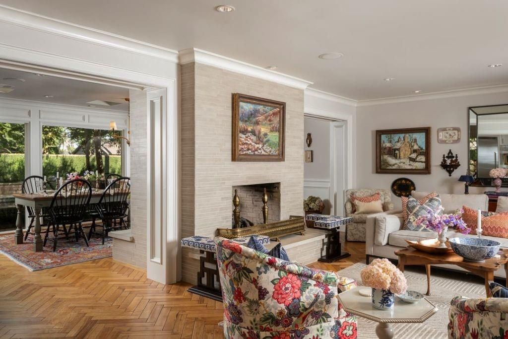 Dining room, Fireplace, Interior, Living room, Recessed Lighting, Wood Texture Flooring
