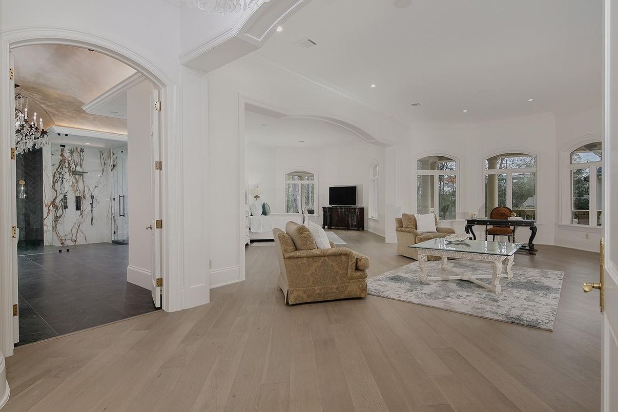 Chandelier, Fireplace, Interior, Living room, Recessed Lighting, Wood Texture Flooring