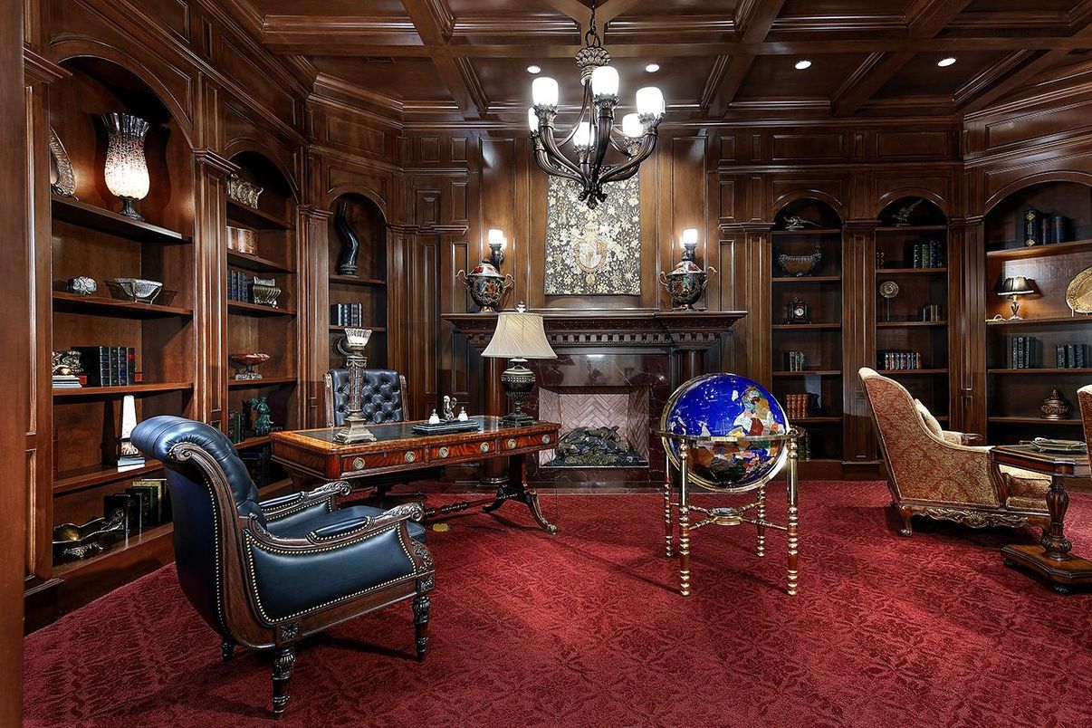 Chandelier, Fireplace, Home Office, Interior, Recessed Lighting, Wooden Beams, Wooden Ceilings, Wooden Walls