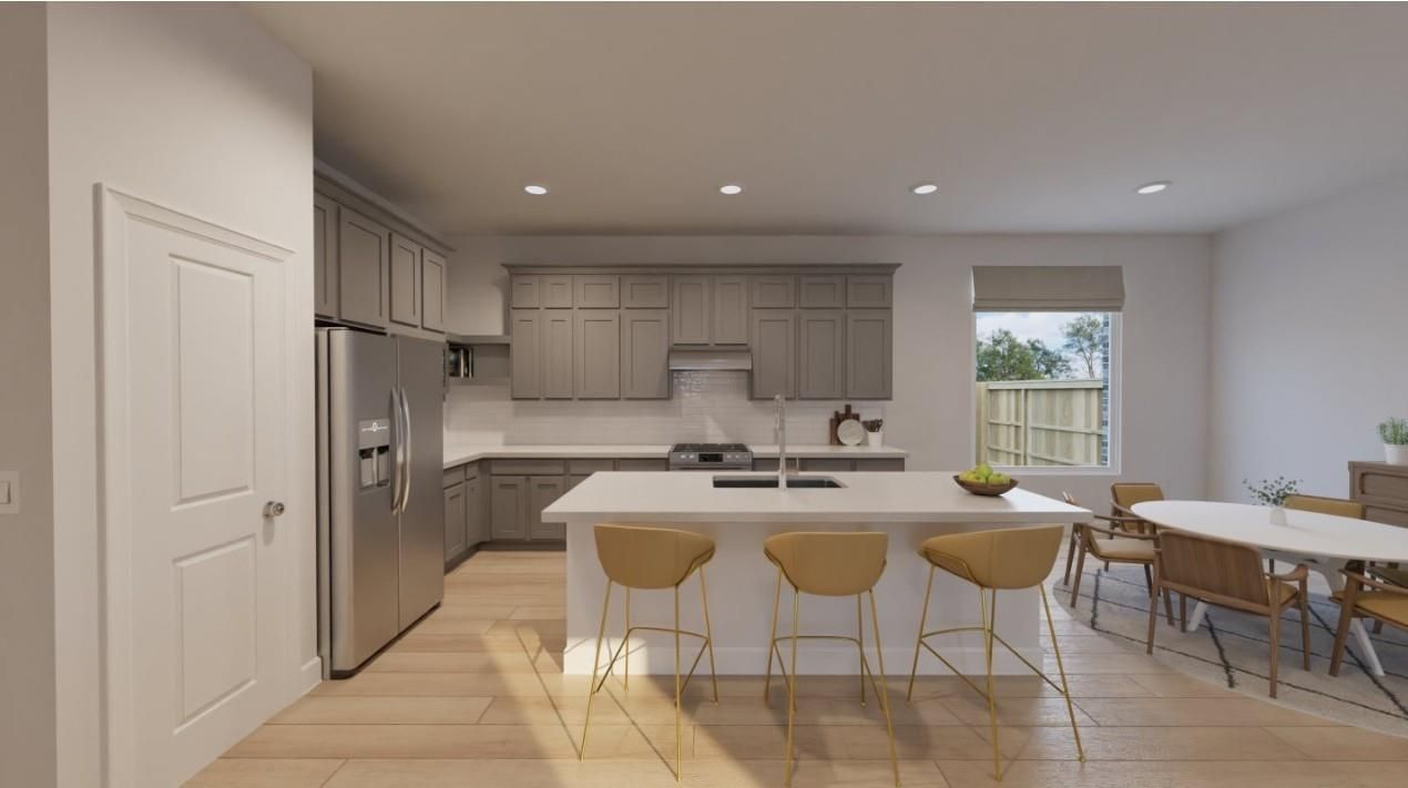 Dining room, Interior, Kitchen, Recessed Lighting, Stainless Steel Appliances, Wood Texture Flooring