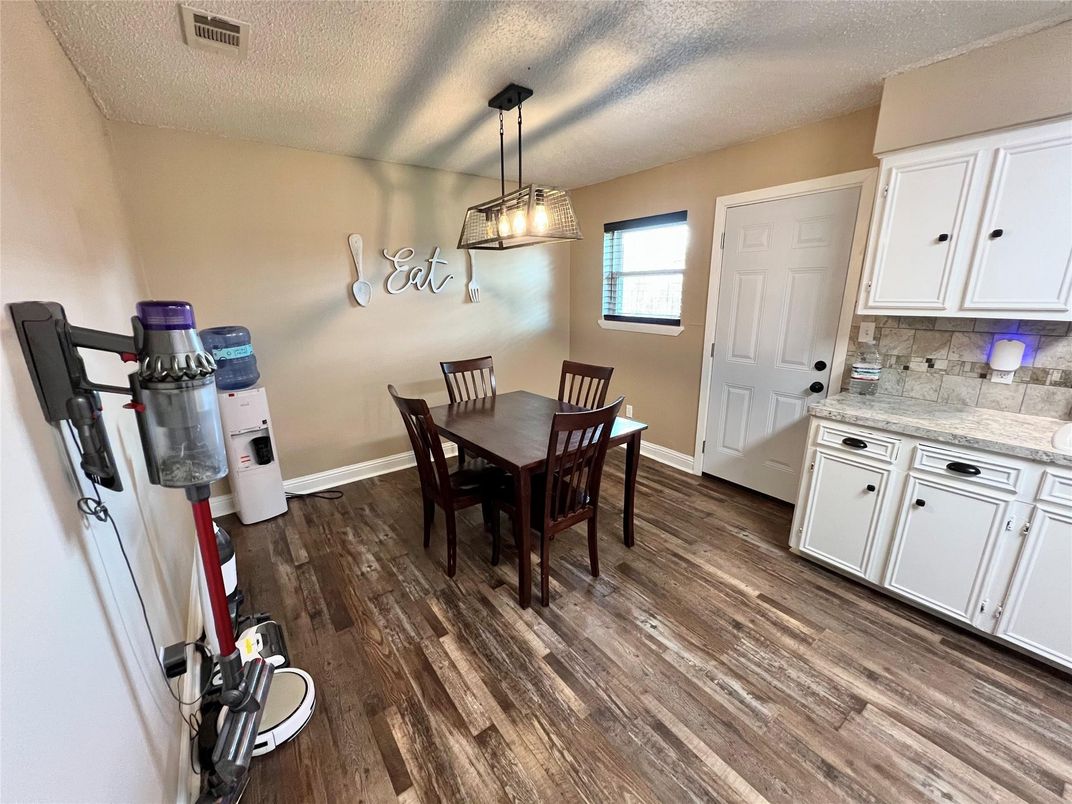 Dining room, Interior, Pendant Lights, Wood Texture Flooring