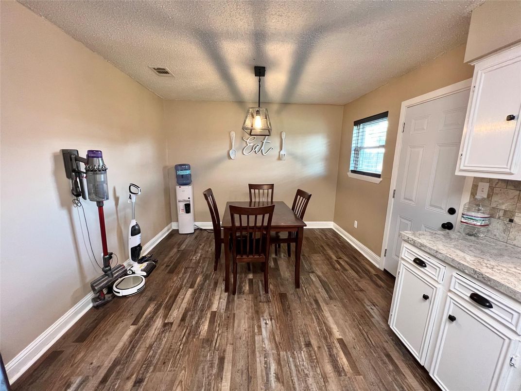 Dining room, Interior, Pendant Lights, Wood Texture Flooring