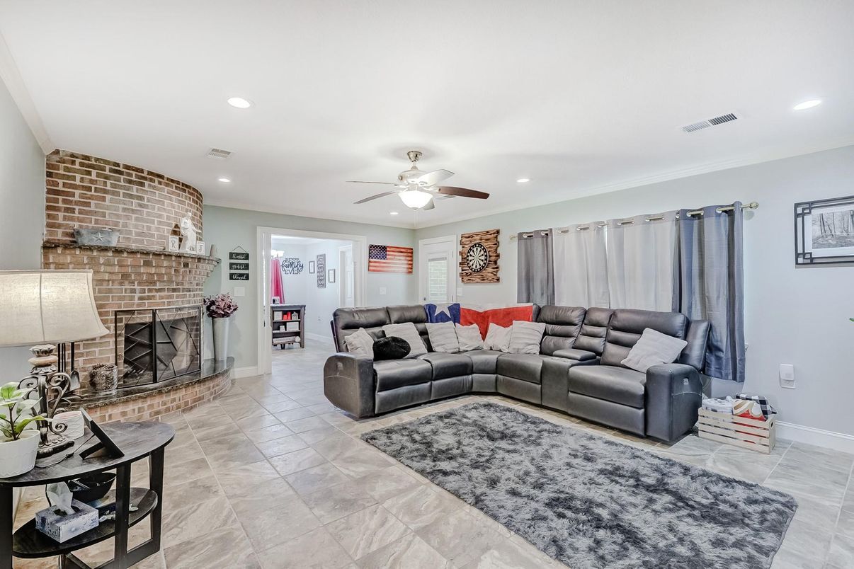 Fireplace, Interior, Living room, Recessed Lighting, Stone Walls